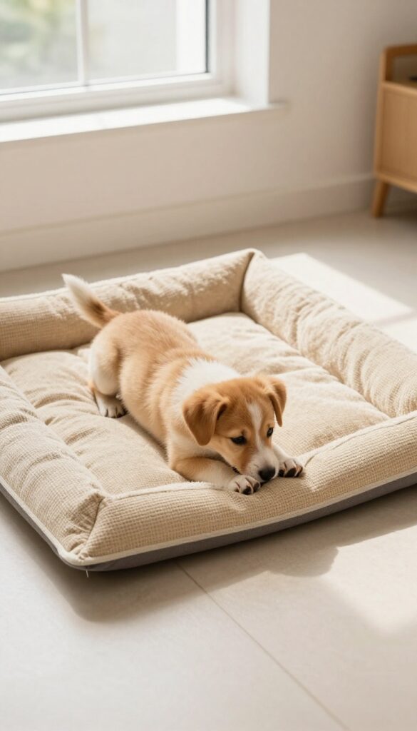 Puppy gently tugging on a sturdy reusable puppy pad in a bright, clean indoor space