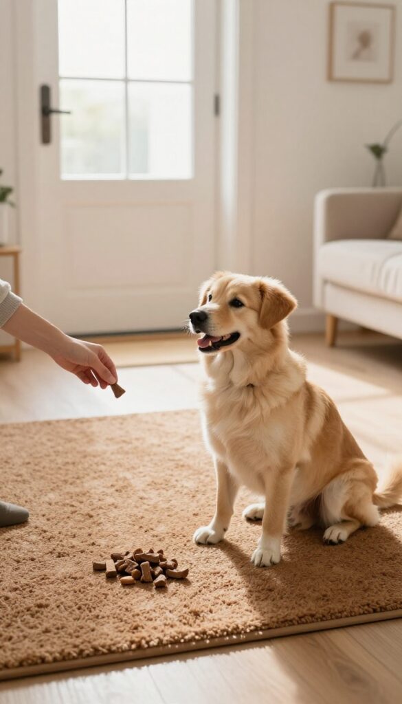 A dog sitting on a mat near the front door while a hand tosses a treat, with natural light and a calm setting.