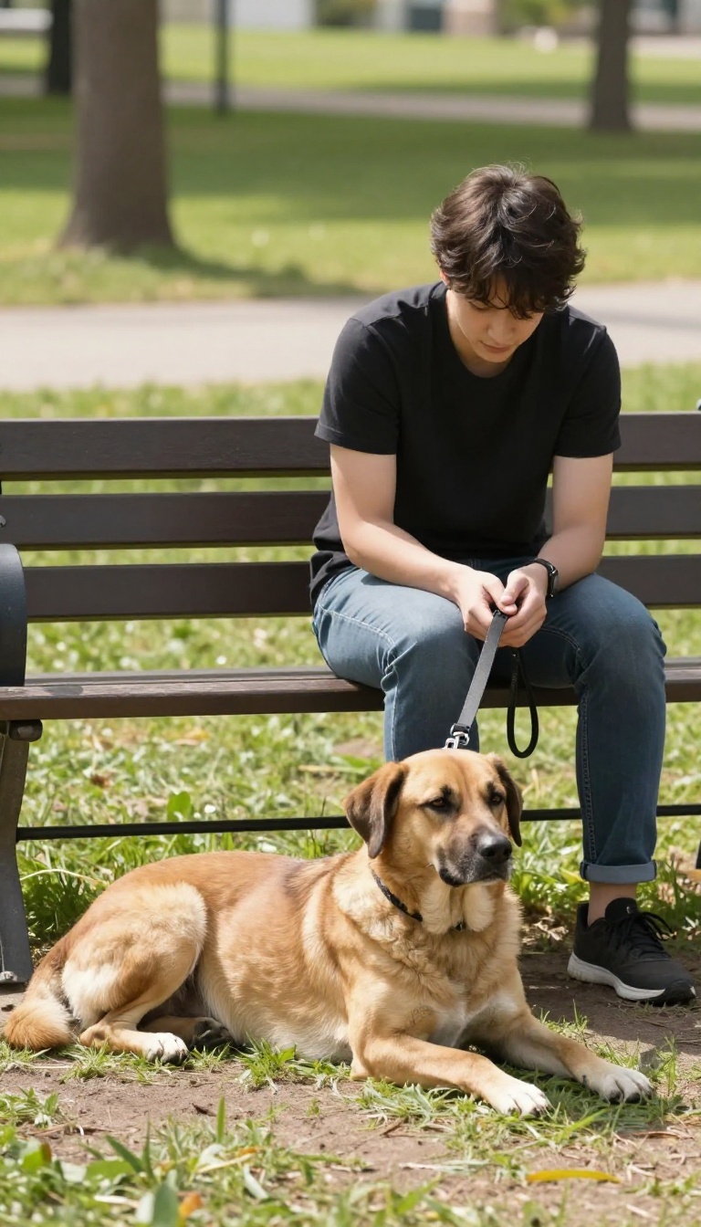Person practicing dog stay command on a park bench with a long leash in a sunny park.