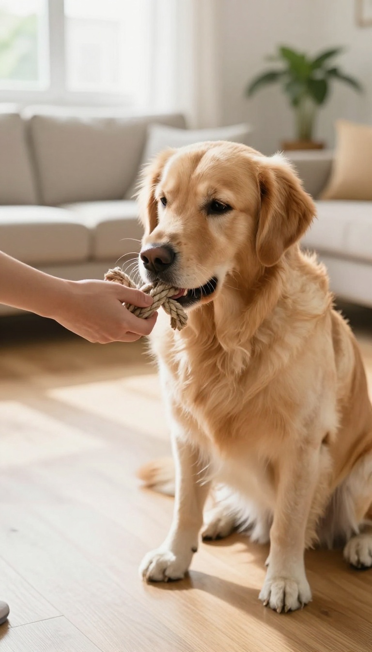 A large dog gently taking a rope toy from a person's hand in a bright living room, illustrating the 'gentle take' command.