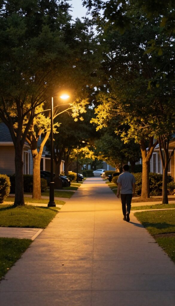 A person walking on a well-lit sidewalk at dusk on a residential street, with streetlights illuminating the path.