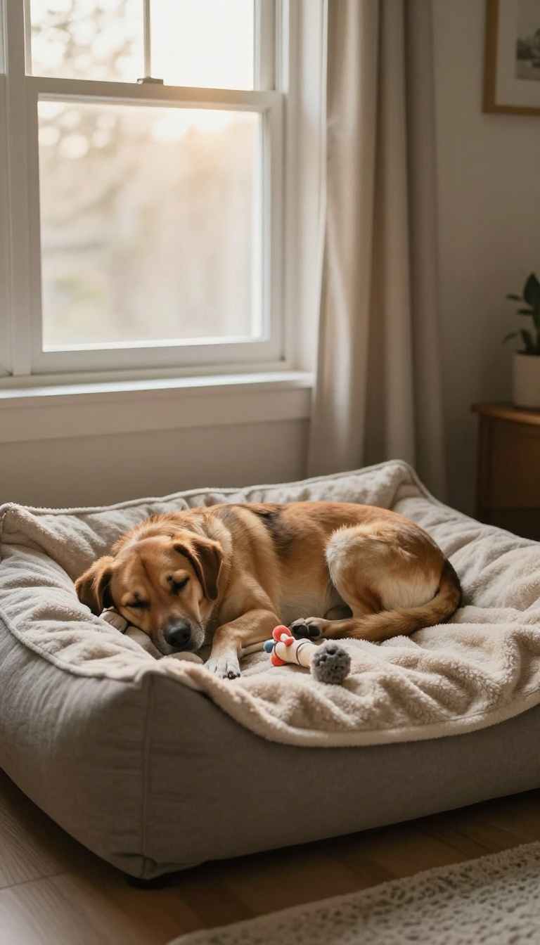 A rescue dog resting peacefully in a cozy, dedicated safe haven corner with a soft bed and blankets.