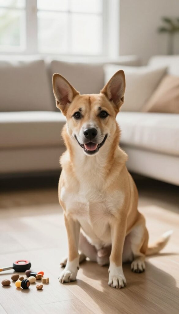 A patient dog looking attentively at the camera during a training session in a bright living room.