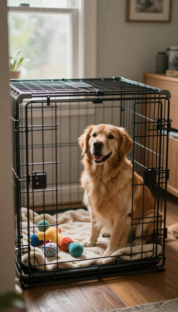 A dog sitting next to an open crate with a blanket and toy inside, on a rainy day indoors