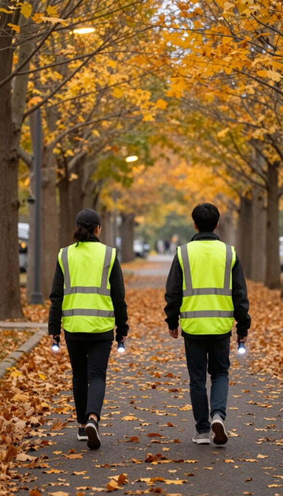 Two friends walking together on an autumn path in low light, wearing reflective gear and carrying flashlights