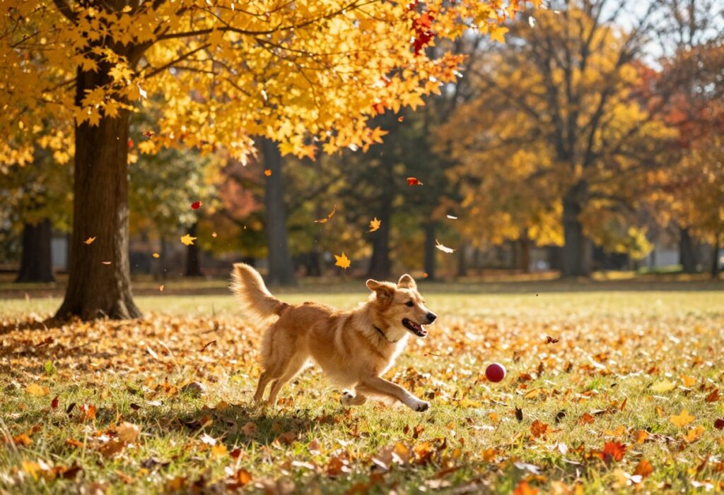 Dog running to catch a ball in a park with fall leaves
