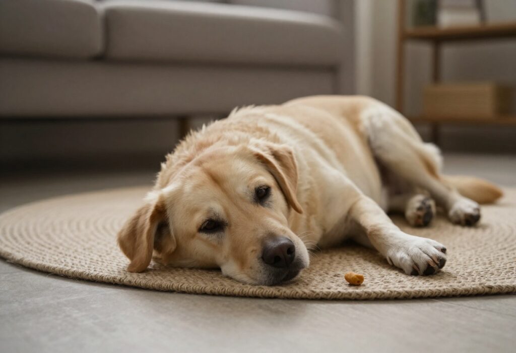 Calm dog lying on a mat during a training session
