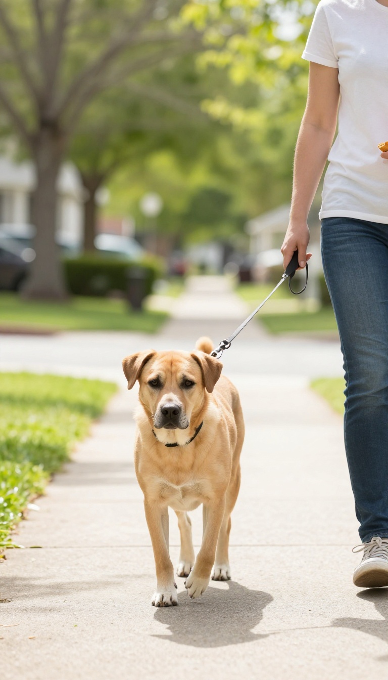 Person walking a dog on a loose leash with a treat in hand, bright suburban setting.