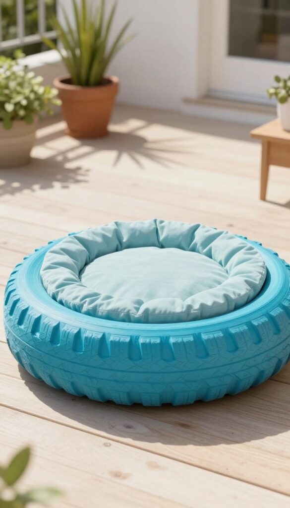 A turquoise painted tire ottoman dog bed with a plush cushion on a sunny patio.