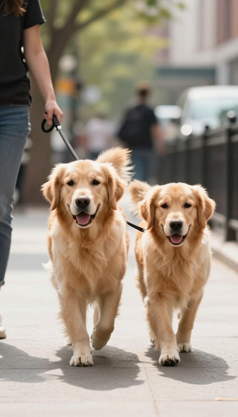 A golden retriever walking calmly beside its owner on a sunny city sidewalk, demonstrating a reliable heel.