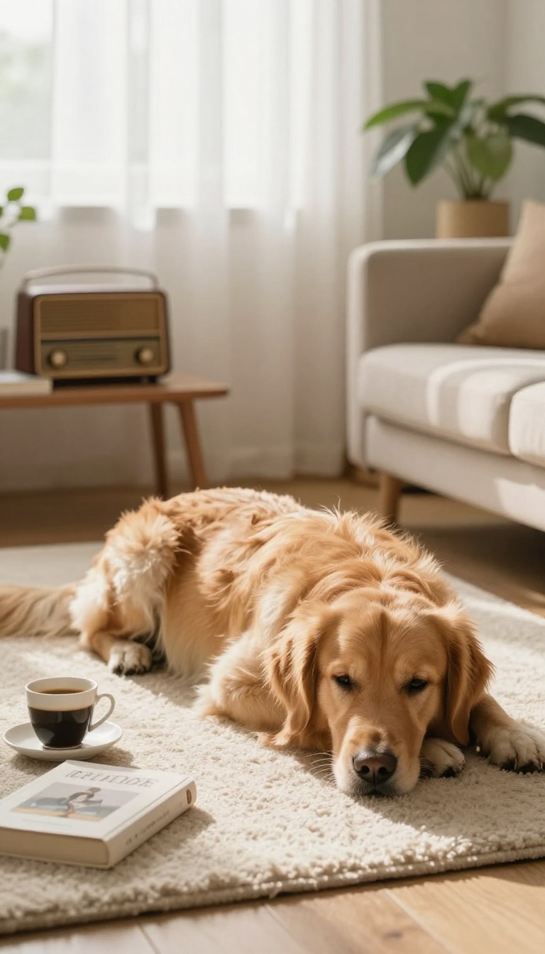 A relaxed dog resting in a bright living room with a radio playing soft music in the background