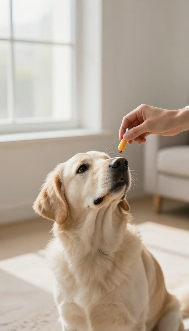 A person using a clicker to train a dog in a bright living room