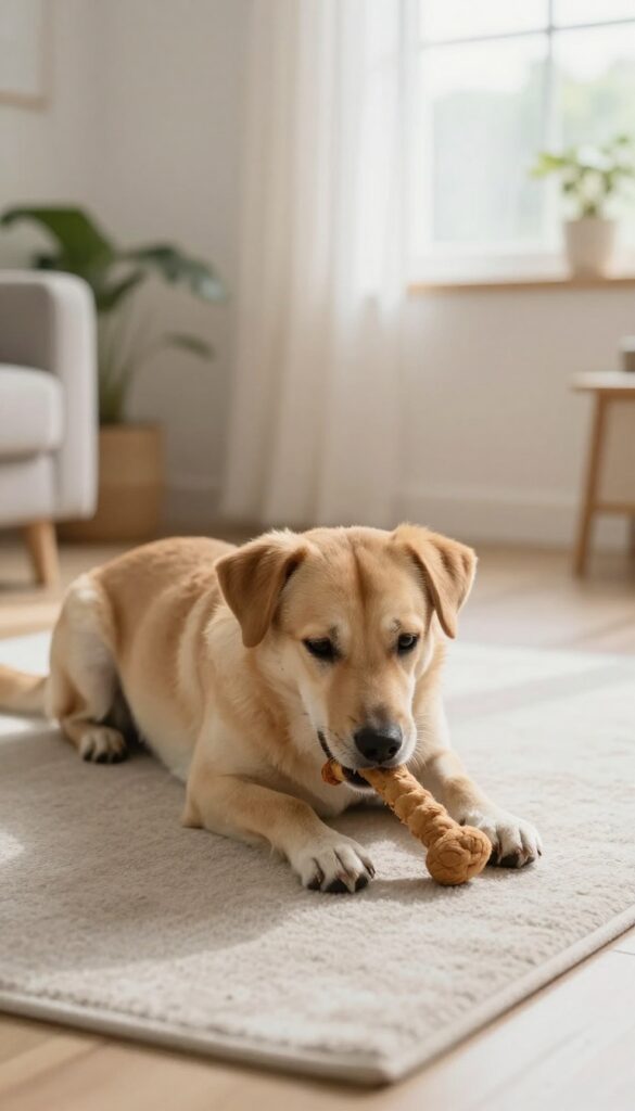 Dog lying on a mat chewing a long-lasting treat in a peaceful room
