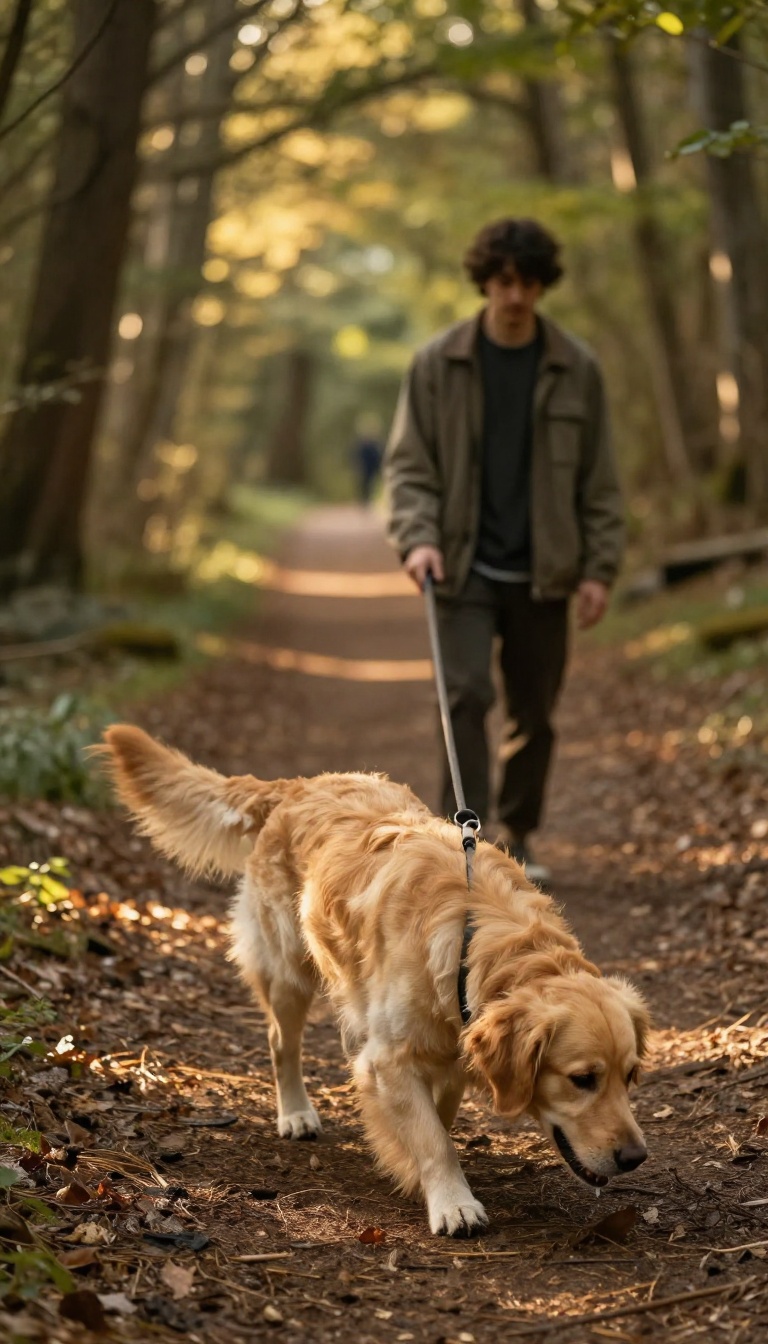 A shy dog sniffing the ground on a quiet forest trail during a slow, peaceful walk with its owner.
