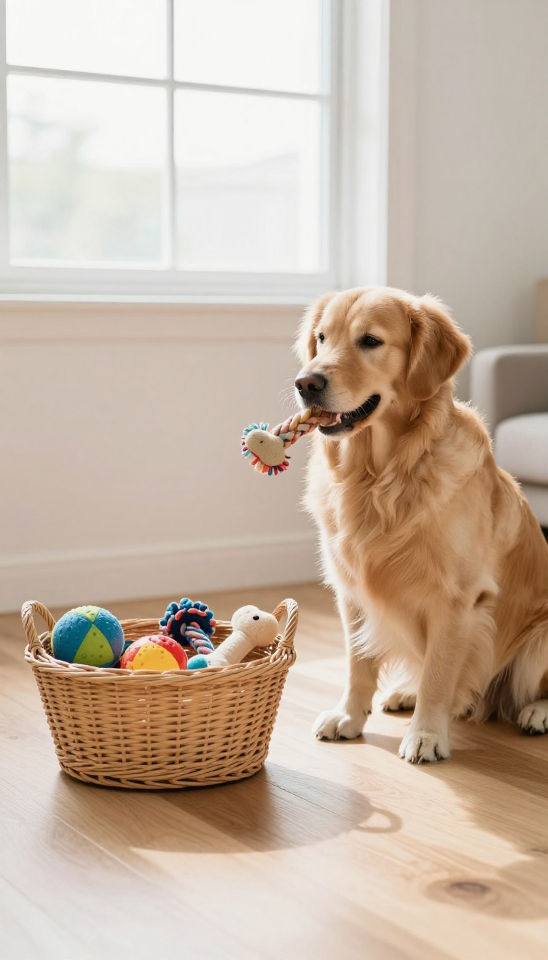 A dog sitting next to a basket of assorted toys with a chew toy in its mouth, in a bright living room.