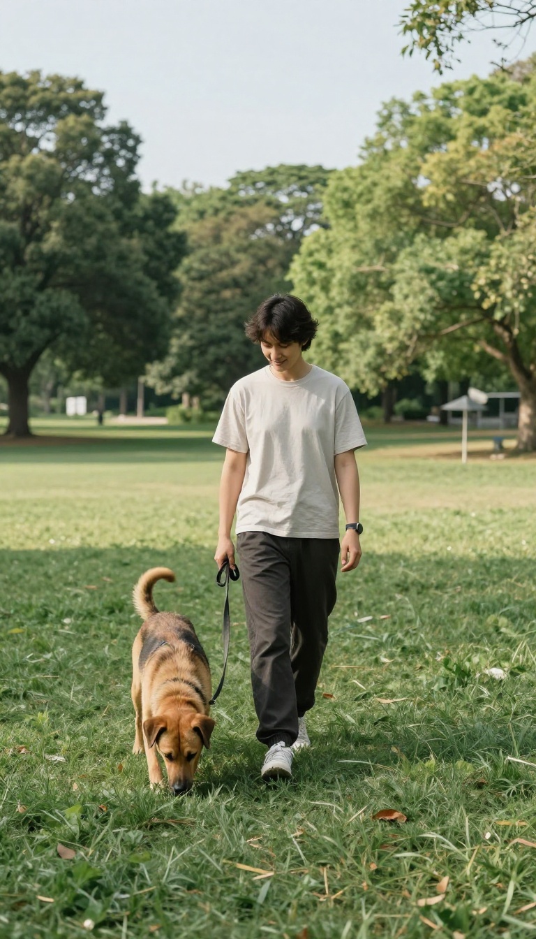 Person allowing dog to sniff on a loose leash during a walk