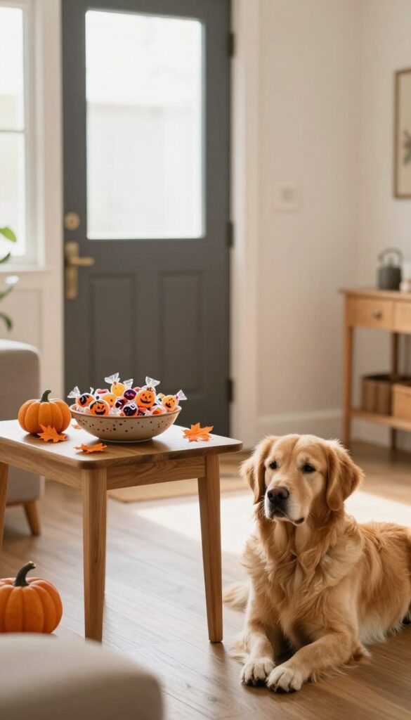 A calm dog sitting next to a candy station set up away from the front door, with Halloween decorations and natural light.