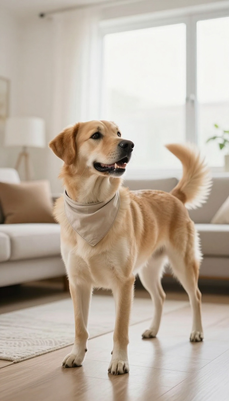 A dog wearing a bandana looking at its reflection in a full-length mirror in a bright living room