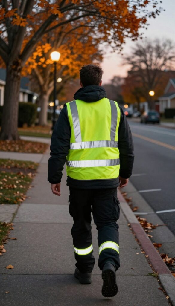 Person wearing reflective gear walking at dusk, illuminated by car headlights