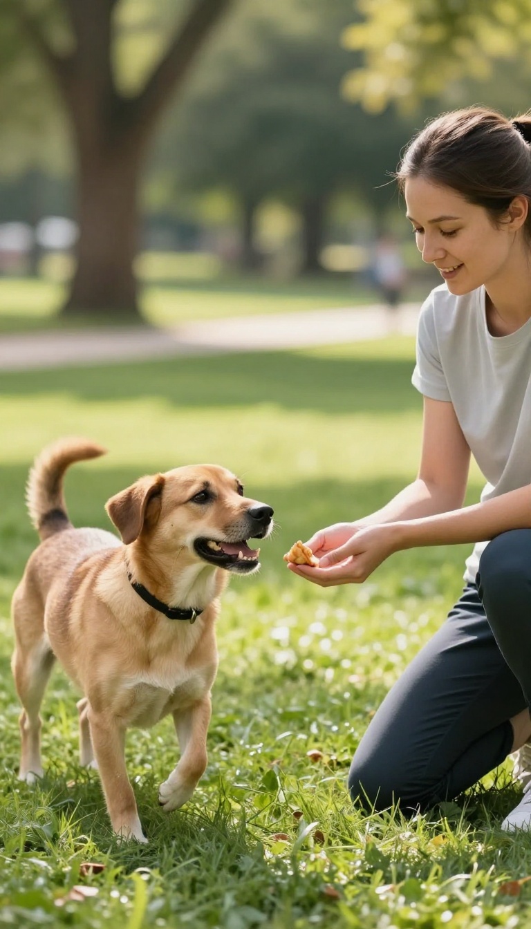 Dog running back to owner for a high-value treat in a park during a recall training game.