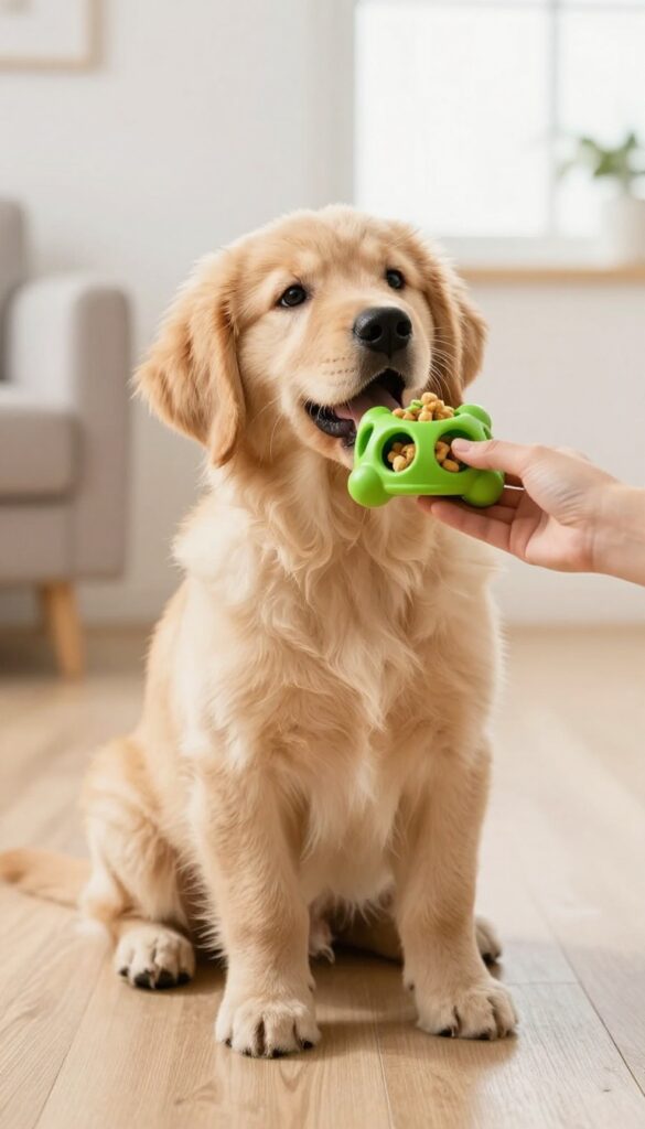 Golden retriever puppy looking at a food puzzle toy held behind a person's back during a name recognition training game.