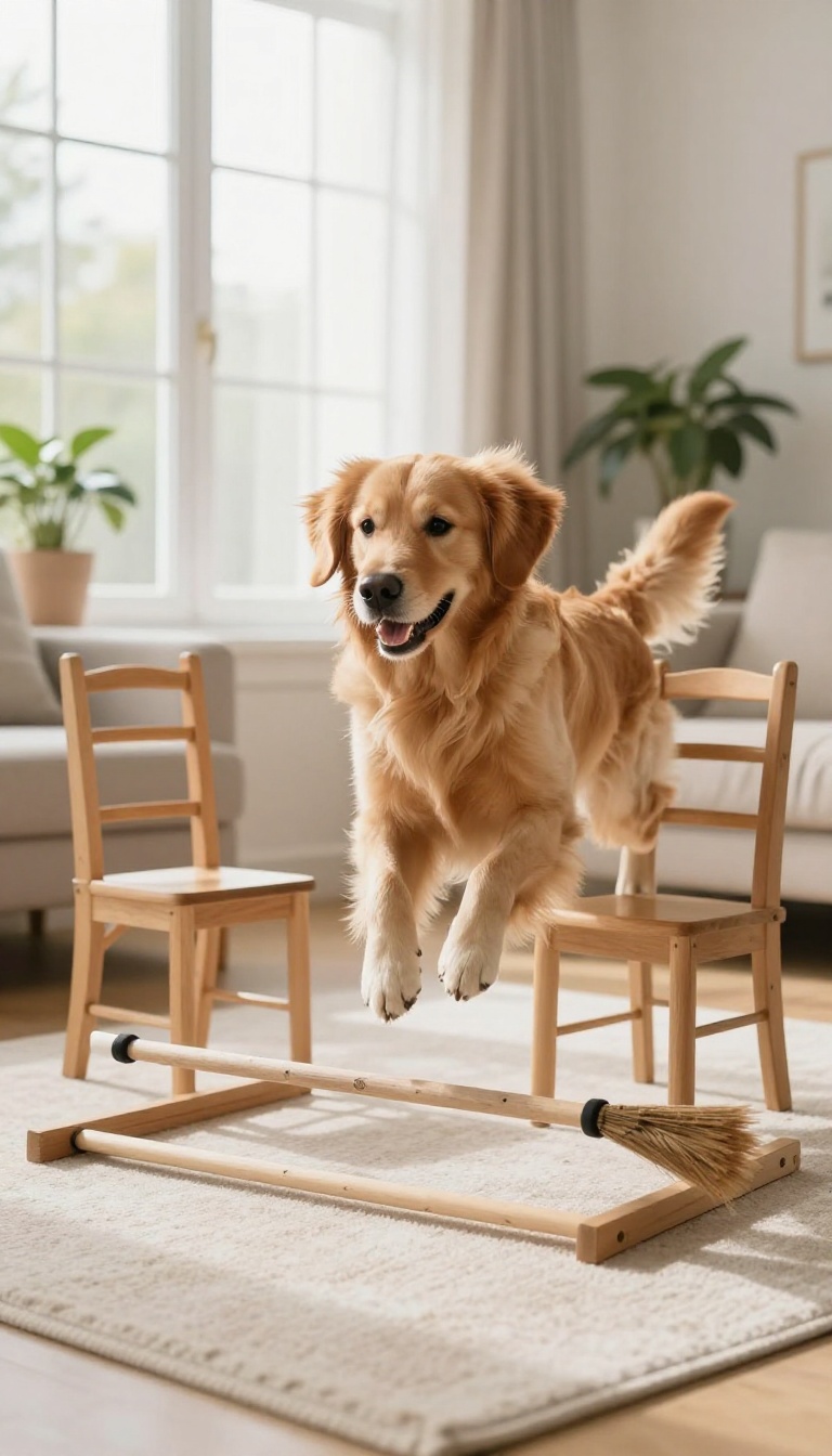 Golden retriever jumping over a DIY agility jump made of chairs and a broomstick in a bright living room