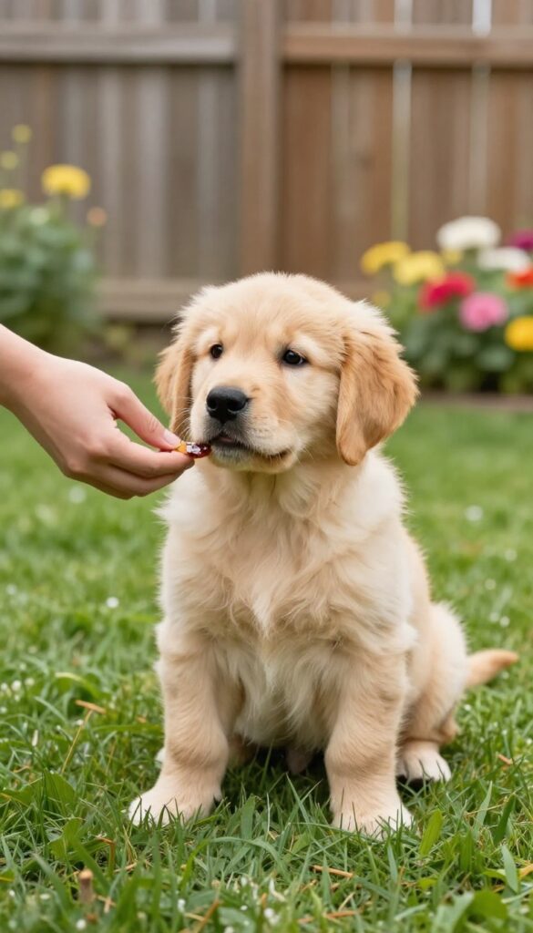 A golden retriever puppy sitting on grass, looking attentively at the camera with a treat nearby, in bright natural light.