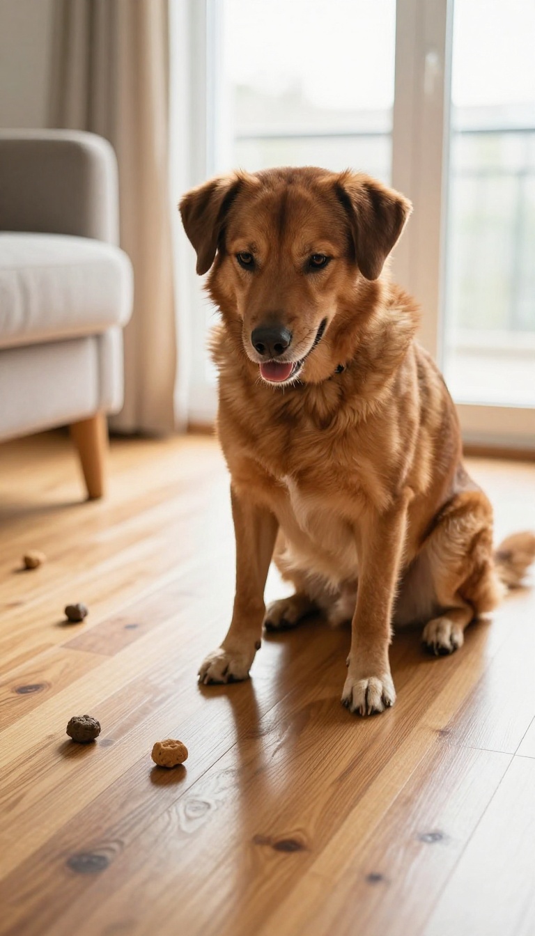 Dog playing a find-the-treat game indoors, sniffing a treat on the floor in a bright living room.