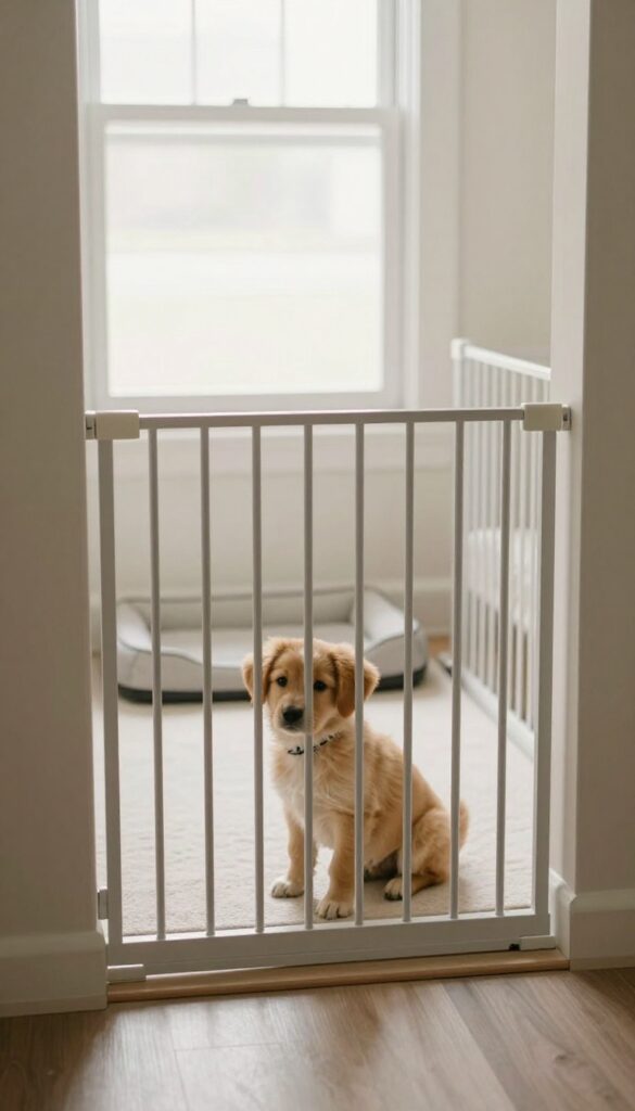 A puppy near a training pad in a gated living room area