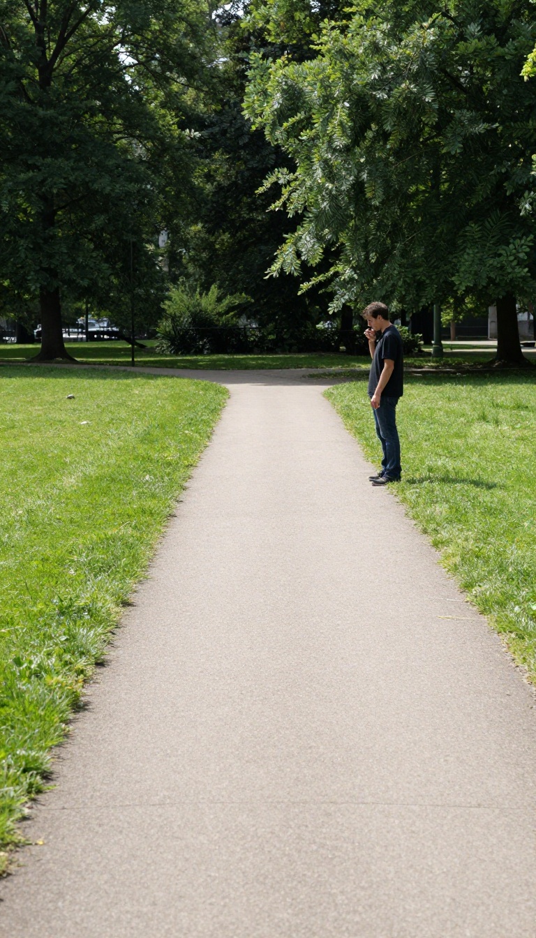 A person stepping aside to smoke away from a walking path in a sunny park, showing considerate walking etiquette.
