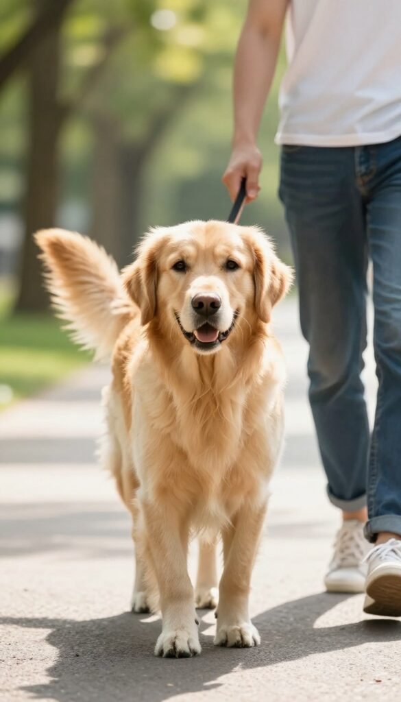 Person walking a dog on a sunny park path, the dog looks back at the person, holding a treat, illustrating a check-in game during walks.