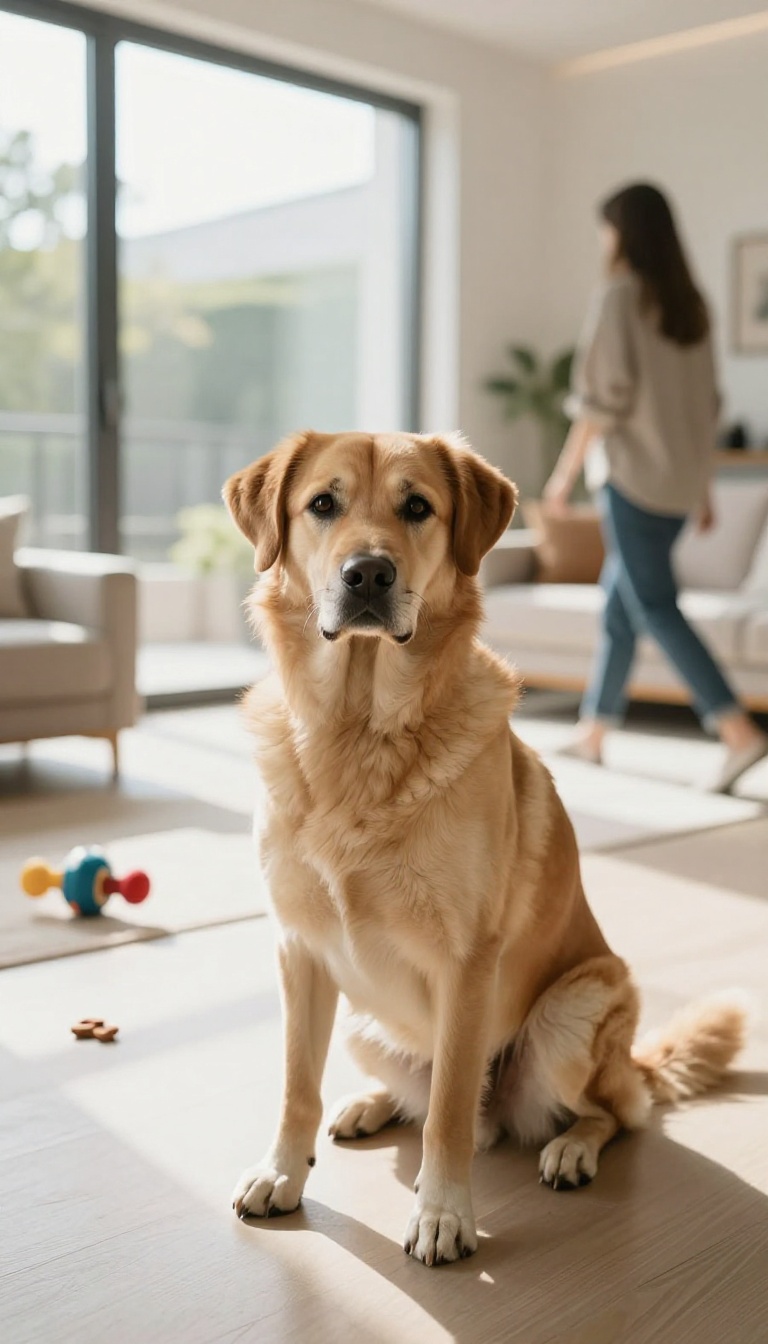 Dog holding a stay command amidst a treat, a toy, and a person walking by in a bright living room