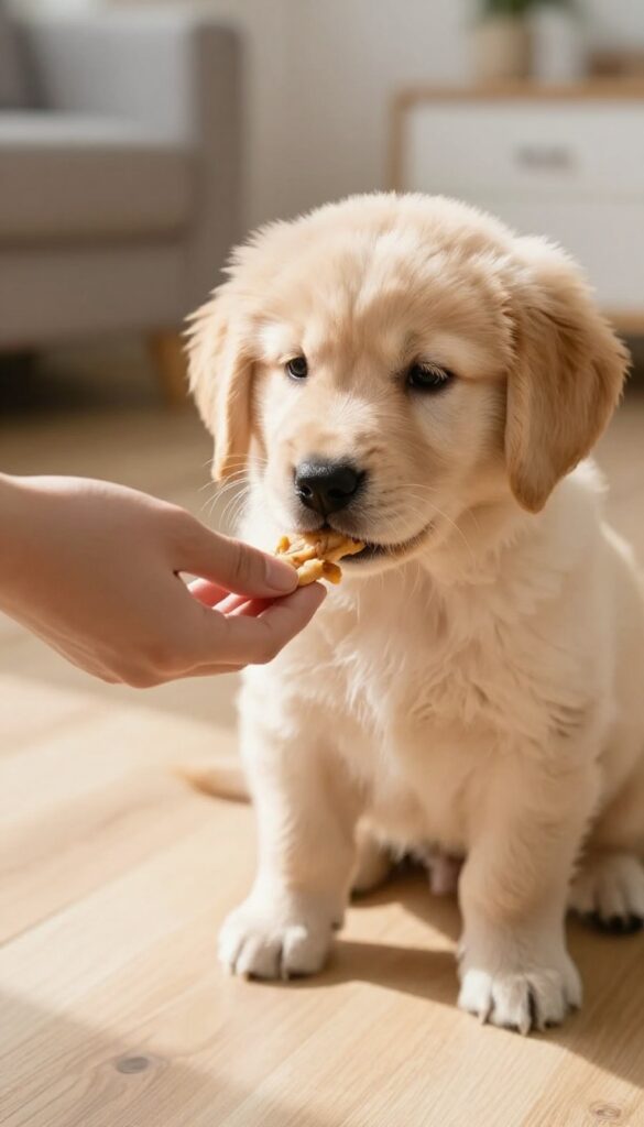 A hand giving a treat to a sitting puppy in a bright living room, emphasizing immediate reward during training.