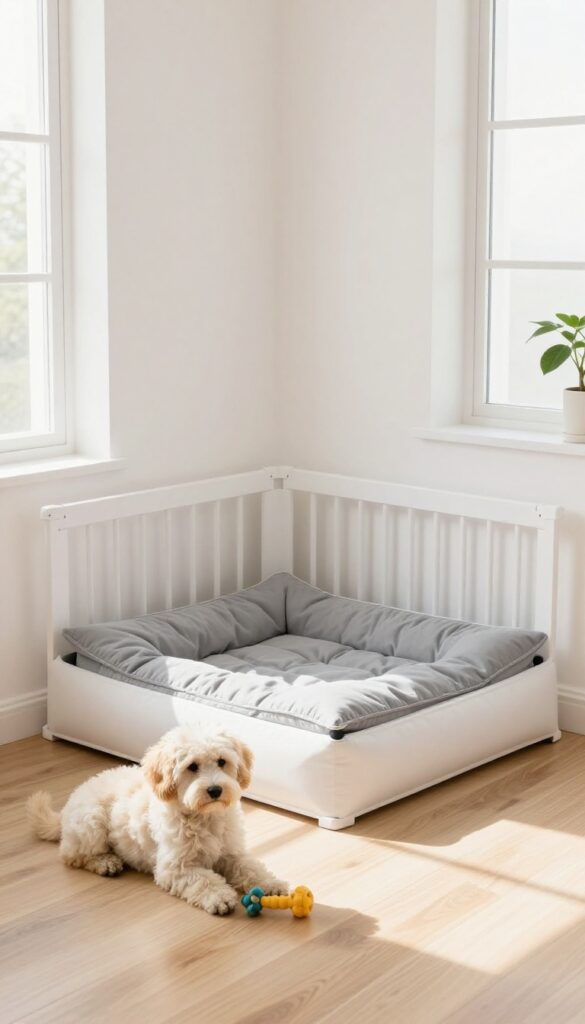 Puppy in a confinement area with a pad, bed, and toys in a bright room.
