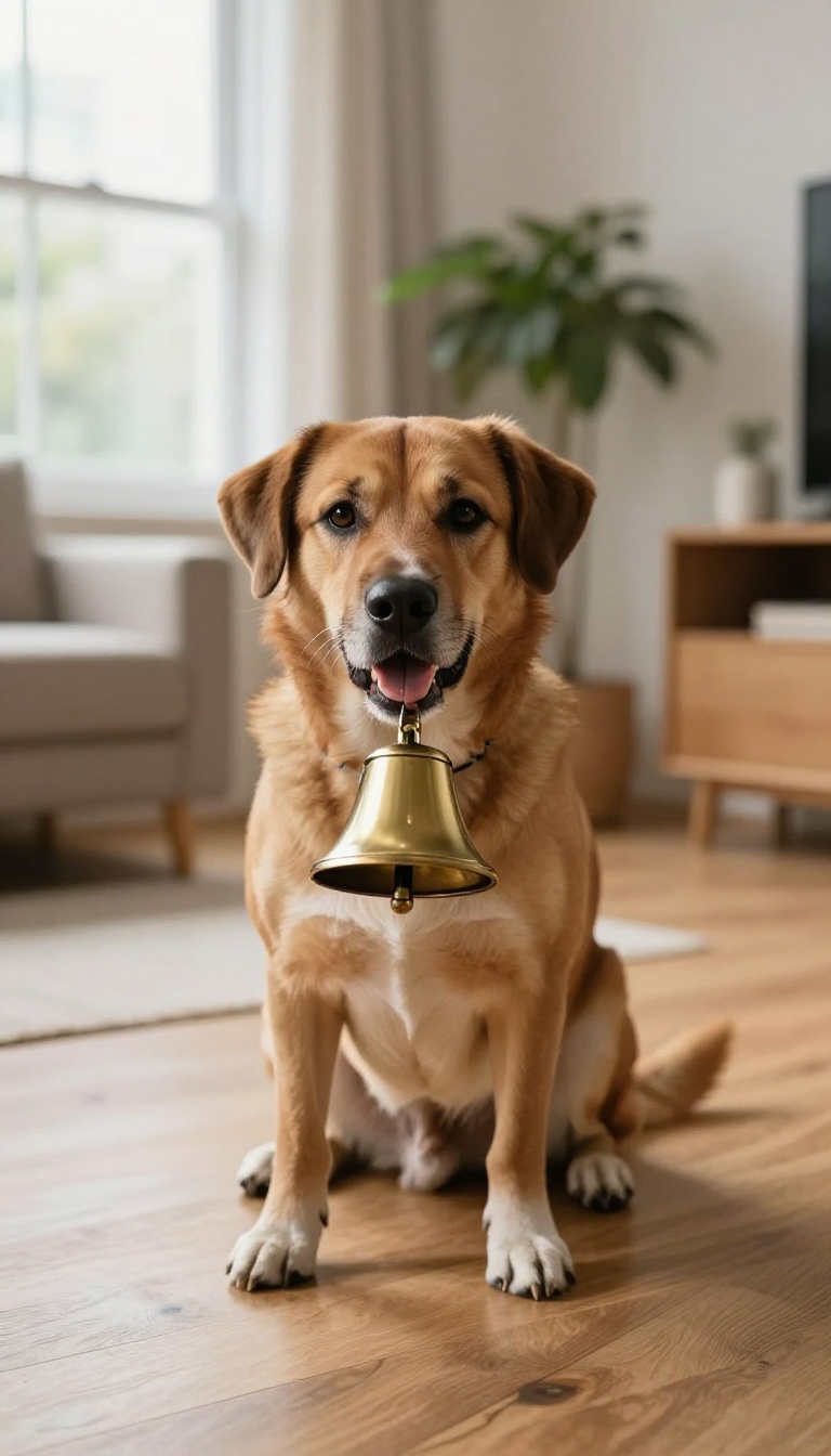 Dog ringing a bell with its nose in a bright living room