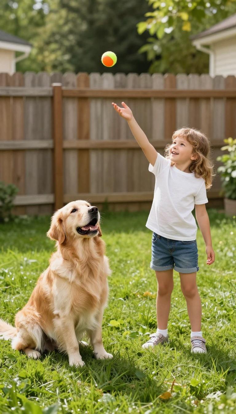 Child playing fetch with a golden retriever in a sunny backyard