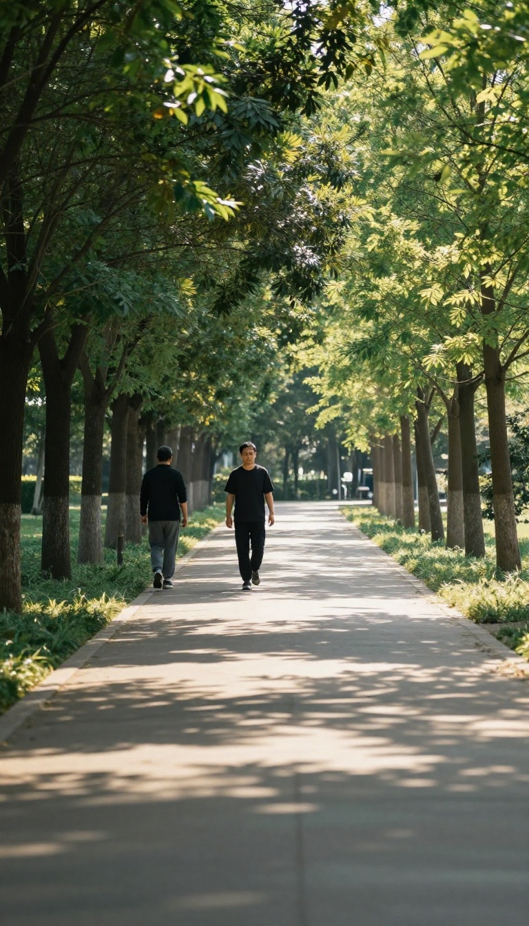 Person walking on a sunny park path with ample space between them and another walker ahead, illustrating respect for personal space.