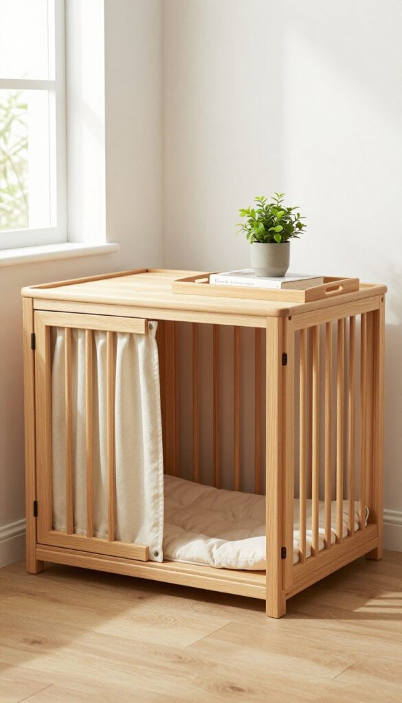 Wooden dog crate styled as a side table with a cushion and curtain, blending seamlessly with modern living room decor.