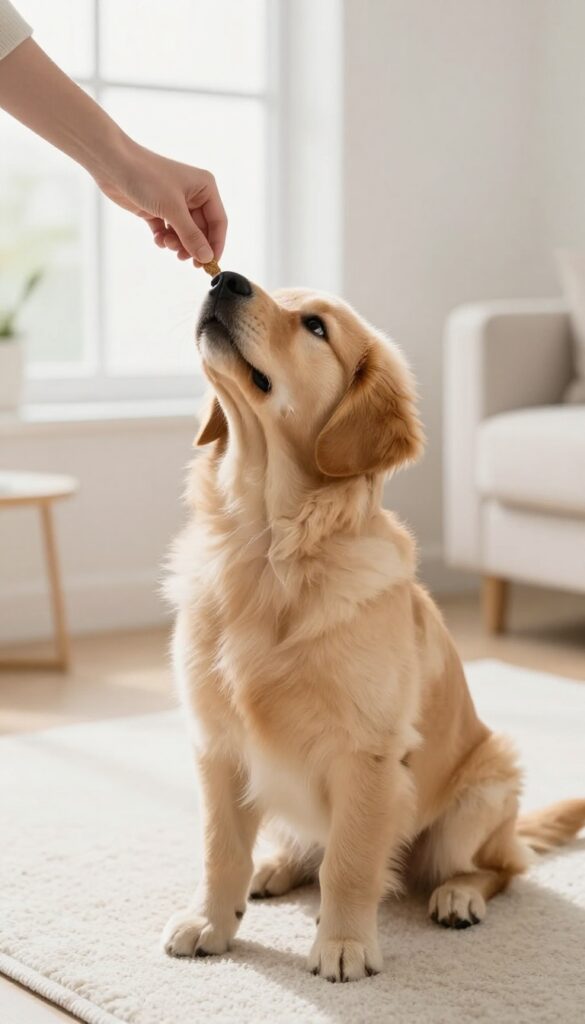 A calm puppy sitting on a rug near a puppy pad, with a hand offering a treat, in a bright living room with natural light