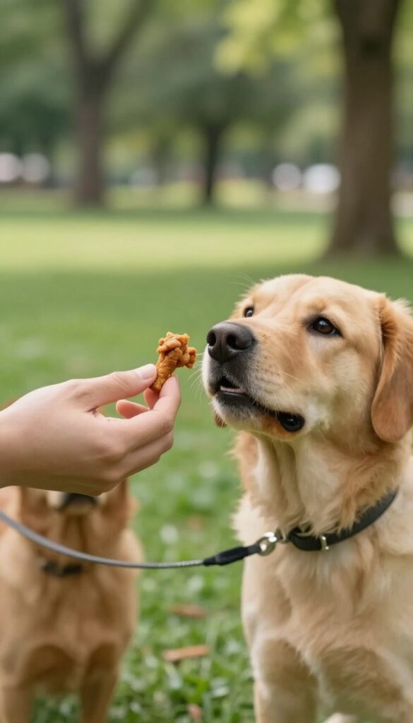 Hand offering a high-value treat to a dog walking on a loose leash in a sunny park