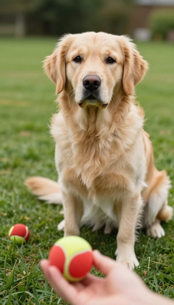 Dog ignoring a rolling ball during a focus training drill in a sunny backyard.