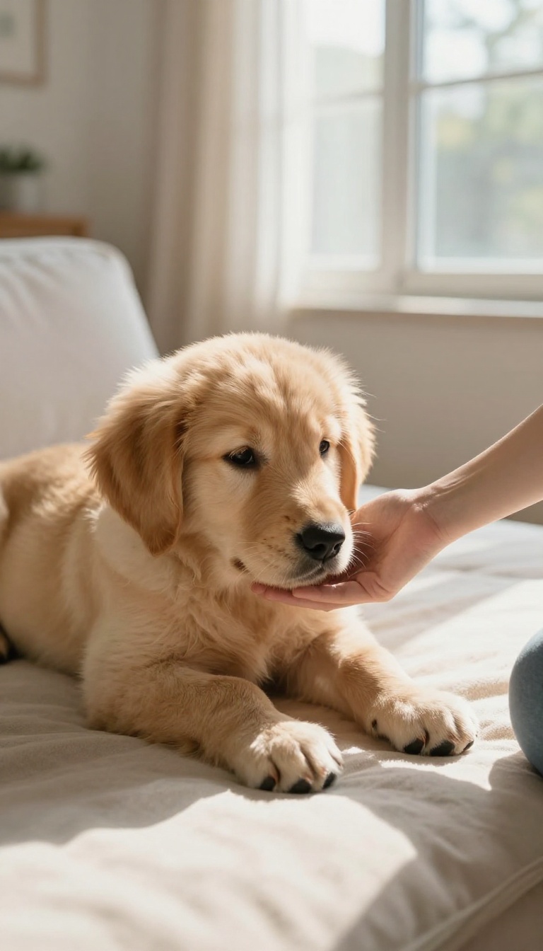 Person gently holding a puppy's paw in a bright, cozy room, symbolizing trust and gentle handling.