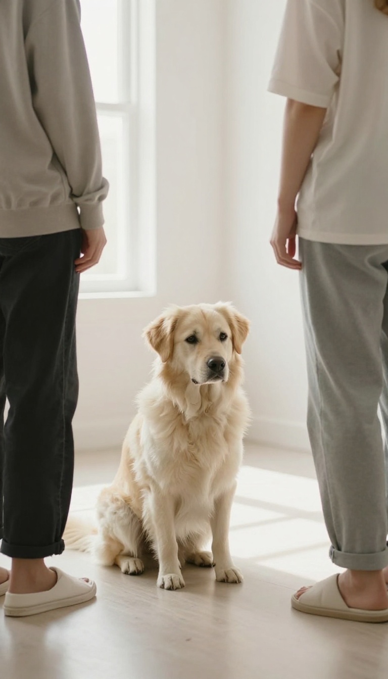 Dog sitting in stay while owner walks away in a bright room