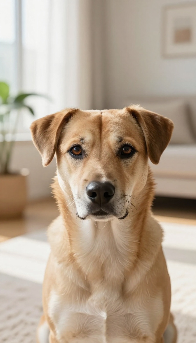 A dog looking attentively at the camera in a bright, cozy living room