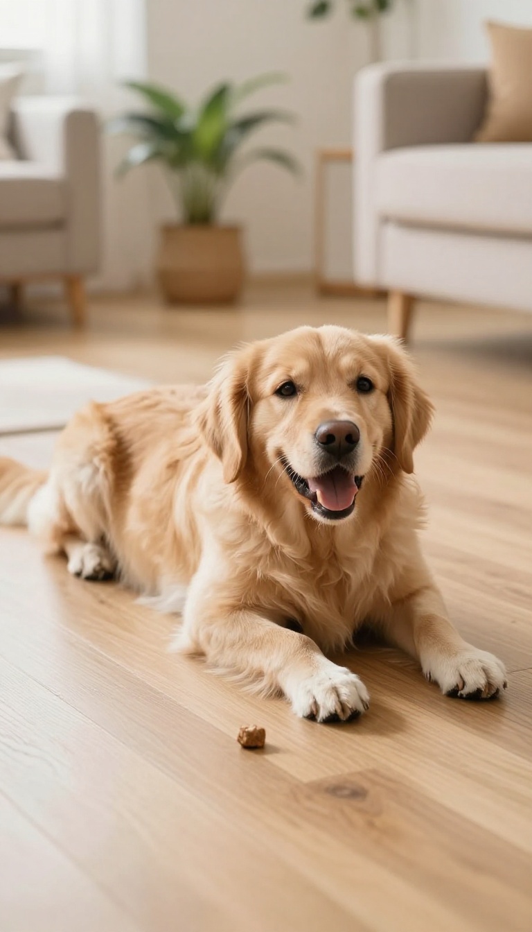 Happy dog rolling over on a wooden floor during clicker training in a bright living room