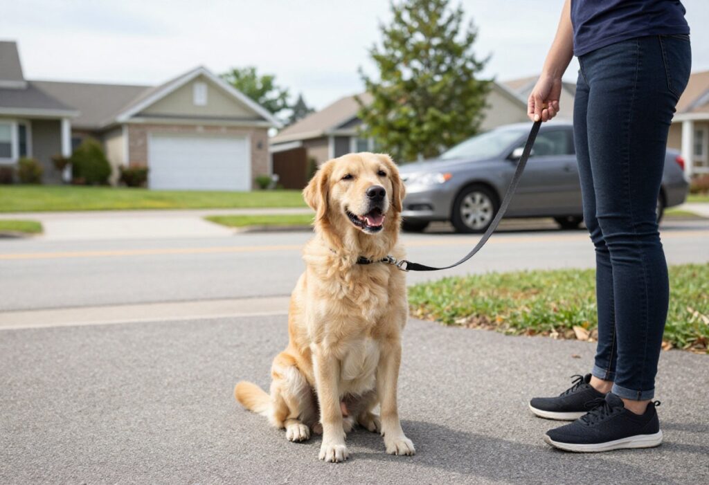 Dog sitting calmly on leash near a road while a car passes, owner rewarding with a treat