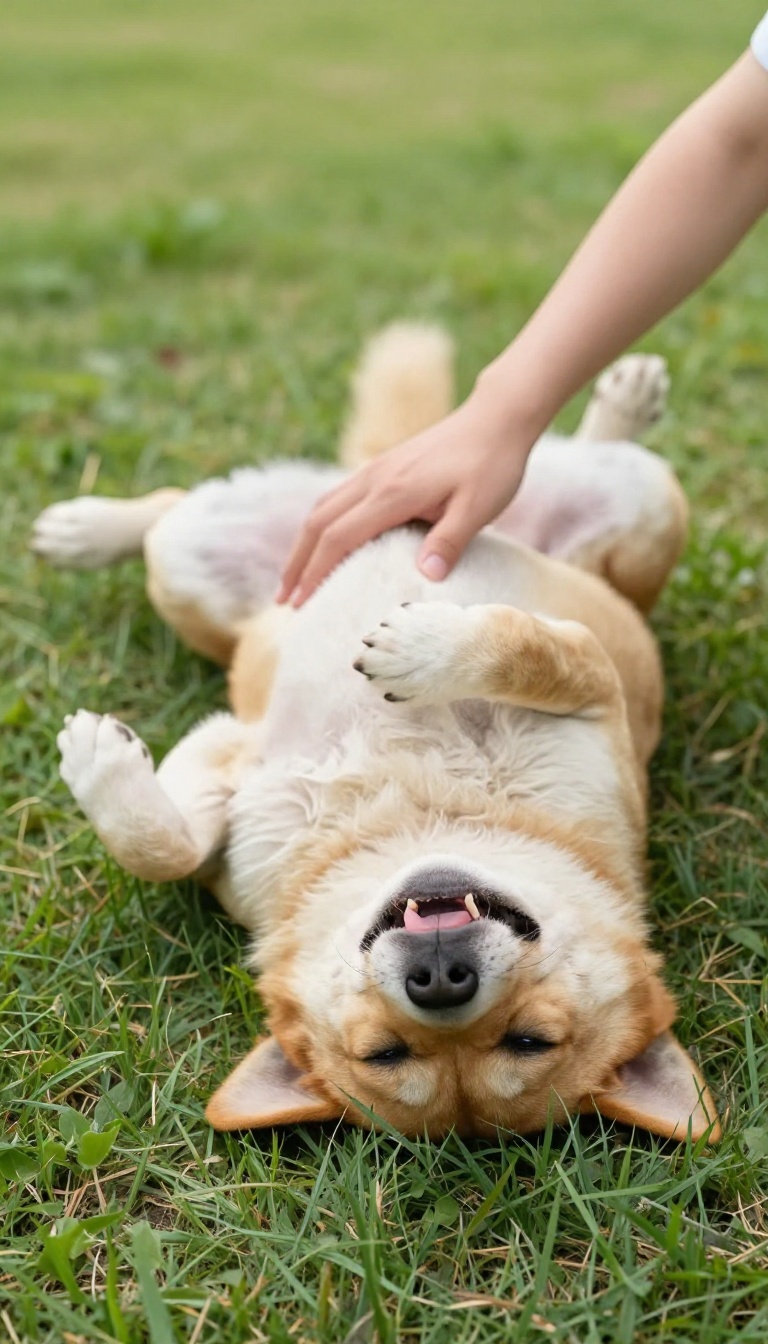 Person giving a dog a belly rub in a sunny backyard