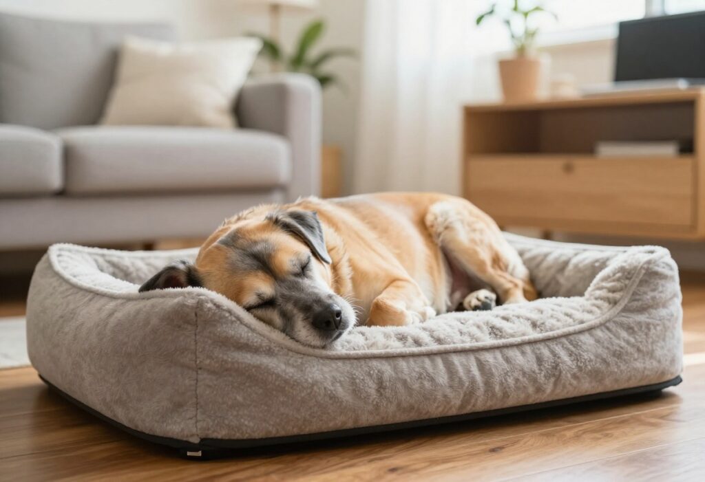Senior dog resting on a memory foam dog bed