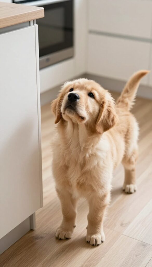Golden retriever puppy doing the potty dance near the back door in a sunlit kitchen.