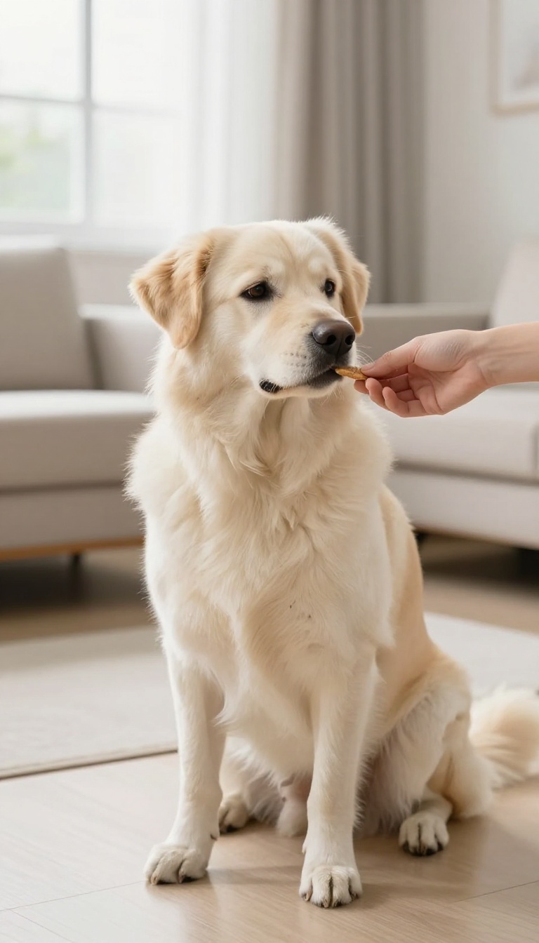 A dog patiently waiting for a treat during an impulse control training game in a bright living room.